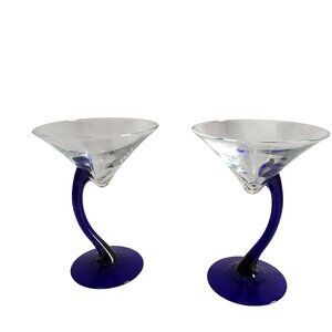 Set Of 2 Hand-Blown Blue‎ Stem Martini Glasses